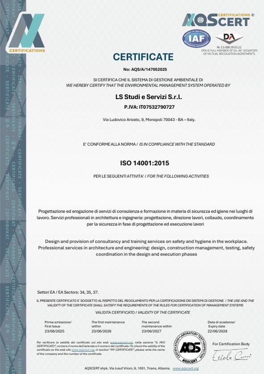 Certificato ISO 14001:2015 di LS Studi e Servizi S.r.l.