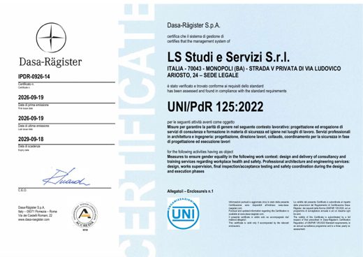 Certificato UNI/PdR 125:2022 di LS Studi e Servizi S.r.l.